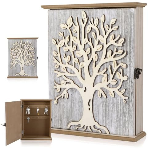 OUZHOU Cassetta portachiavi in legno, vintage, con 6 ganci per chiavi, con chiusura in metallo per portachiavi, gioielli, piccoli oggetti