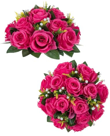 BLOSMON Hot Pink Flowers Artificial: 2 Pcs Fake Rose Balls Centerpieces | Faux Silk Kissing Bouquet Floral Arrangement for Home Wedding Party Event Table Decoration