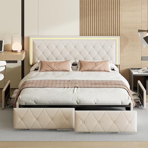 Cama tapizada para cama doble de 160 x 200 cm, cabecero ajustable con LED, espacio de almacenamiento con 4 cajones, somier, sin colchón, poliuretano (beige)