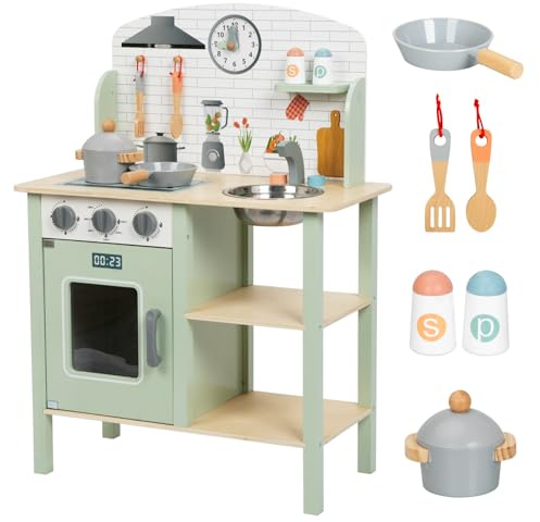 Nene Toys Cuisine en Bois pour Enfants – Jouet Cuisine avec Évier, Four & Plaques + 6 Accessoires – Jeu d’Imitation Garçons & Filles dès 3 Ans – Boutons Rotatifs, Bol en Métal, Solide & Montage Facile