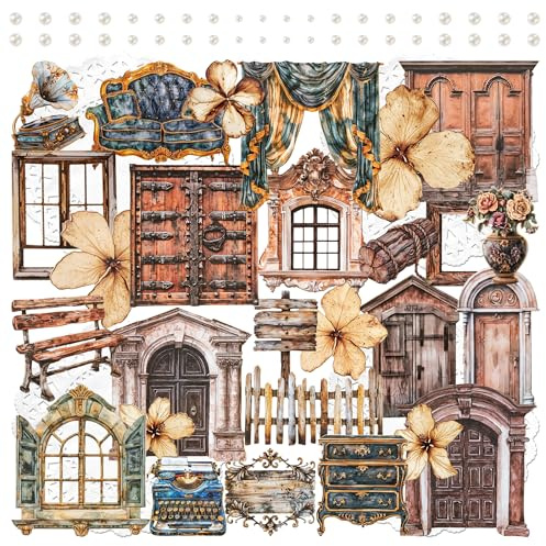 Mayplous Vintage Scrapbook Sticker Set, 4 Packs Thick Cardboard Ephemera Stickers with Antique Clock, Sewing Machine & Rustic Fence for Journaling, Collage, Planner & Card Making (Cyrus)
