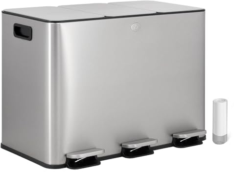 Vidacharmy - Cubo de Reciclaje 3 x 15L (45L), Cubo de Basura Triple, de Acero Inoxidable Antihuella, Tapa de Cierre Suave y Pedal, Incluye 20 Bolsas de Basura, Compartimentos Separados