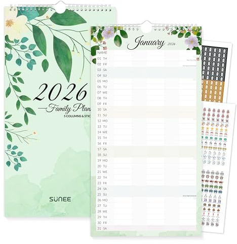 SUNEE Family Calendar 2026 UK - Month to View 5 Columns Wall Planner Organiser - 22.8 x 43 cm - 12 Months Wall Calendar Jan-Dec 2026 with Stickers - Family Planner for Home & Office