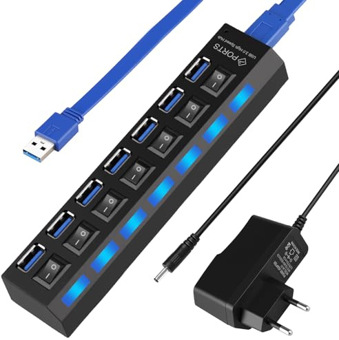 Hub USB 7 Ports Alimenté 5V/2A, Hub USB 3.0 + 2.0 avec Interrupteurs LED Individuels, Répartiteur Multiport Hubs USB pour PC/Laptop/Tablette/Keyboard/Mouse