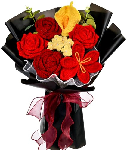 Wishwell Pop Knitted Flowers Bouquet - Crochet Rose Tulip Calla Lily Flowers for Valentine's Day, Anniversary, Engagement, for Girlfriend, Lover, Wife, Mom, Red