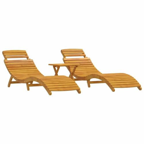 Fisinber Set di 3 lettini prendisole in legno massiccio di acacia, 2 lettini da giardino pieghevoli con schienale regolabile e 1 tavolino, moderno lettino in legno per terrazza, giardino e piscina