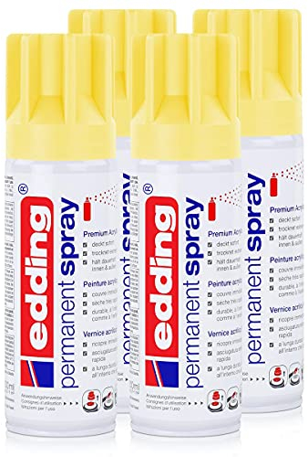 edding Permanent Spray Premium-Acryllack pastellgelb 200ml – seidenmatt – Sprühlack deckt sofort, trocknet extrem schnell und hält dauerhaft innen & außen, für Glas, Metall, Holz uvm. (4er Pack)