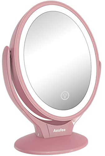 Aesfee LED Lighted Makeup Vanity Mirror Rechargeable, 1X / 7X Magnification Double Sided Magnifying Mirror with Dimmable Touch Screen, Portable Illuminated Mirror for Travel, Bathroom (Rose Gold)