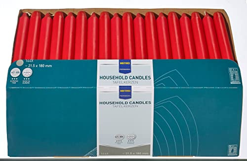 METRO Professional Velas alargadas, 30 uds., parafina, Ø 21.5 x 180 mm, combustión aprox. 6h, para hogar y gastronomía, rojas