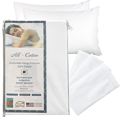 National Allergy Premium 100% Cotton Zippered Pillow Protector - Standard Size - White - 2 Pack - 300 Thread Count - Hypoallergenic Bed Pillowcase with Zipper - Breathable Encasement Cover