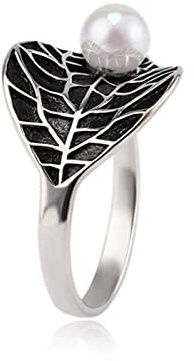 Anillo de perlas de hoja de plata vintage de plata 925 para mujer Anillo de personalidad