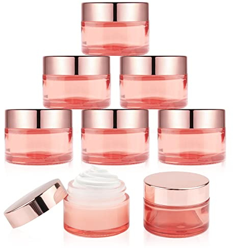 DMuuuDM 1 oz 8 Pack Pink Glass Jars,Empty 30ml Cream Jars with Rose gold Lids&Inner liner,Sample Cosmetic Container Vials Pot for Face Cream Eyeshadow Lotion Powder Foundation