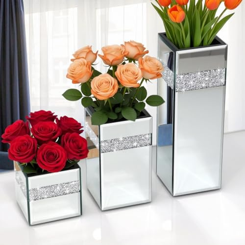 ALLARTONLY Crushed Diamond Mirrored Vase Pack of 3 Pieces Small Middle Large. Crystal Silver Mirror Glass Stunning Decorative Flower Vase Luxury for Home Decor. Can’t Hold Water.