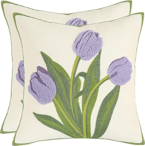 Tosleo - Fundas de cojín con flores, 40 x 40 cm, fundas de cojín con tulipanes púrpura bordados, funda de cojín de algodón y lino para sofá, cama, jardín, patio, decoración del hogar, juego de 2