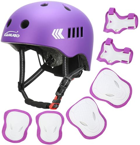 KAMUGO Toddler Bike Helmet Set, Kids Helmet for Boys Girls Ages 1-8 with Protective Gear Set Knee Elbow Wrist Pads for Scooter skate Bicycle Skateboard Cycling Inline Skates (Purple)
