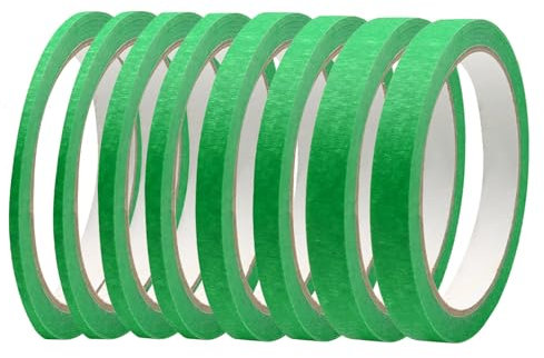 Scettar 8 Rotoli 3/5/8/12mm Nastro per Mascheratura,Nastri Adesivi da Pittore In Carta Gommata,Nastro Sottile per Mascheratura,Nastro Carta Imbianchino Pittura Mascheratura(Verde,20m/rotolo)