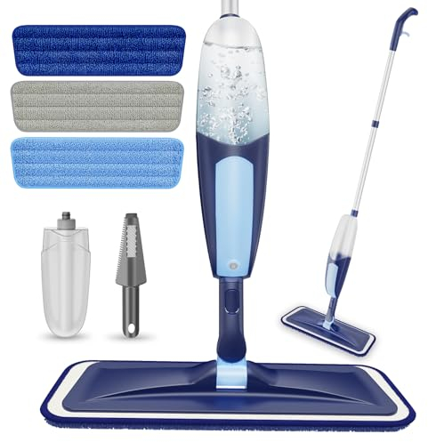 Wischer mit Sprühfunktion Sprühwischer Bodenwischer mit Sprühfunktion Spray Mop Wischmopp mit 3 Waschbaren Mikrofaserbezug und 550ml Nachfüllbarer Wassertank für Schnelle Reinigung Blau