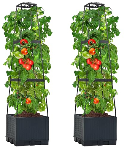 REAWOW 2 Stück Tomatentopf mit Rankhilfe, 28×28×114cm, 14L, Anthrazit Pflanzenturm mit Wasserspeicher, Pflanzen-Aufzucht-Turm mit Rangitter, Tomatenturm Topf Besuche Store