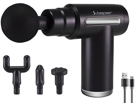 BEPER P302MAS002 Perkussionsmassagegerät, 30W, wiederaufladbare Massagepistole, 4 austauschbare Köpfe. 6 Intensitätsstufen, Schwarz