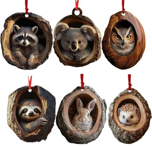 6-Pack Animal Christmas Tree Ornaments | 2D Cute Acrylic Pendant Decorations, Hedgehog, Bunny & Owl Xmas Hanging Decor for Holiday Tree
