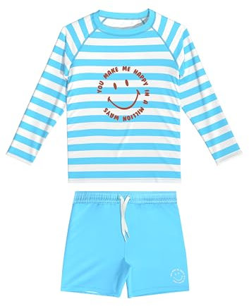 weVSwe Jungen Zweiteiliger Rash Guard UPF 50+ Kinder Badeanzug Badeanzüge Langarm Sonnenanzug Bademode Sets Badehose Blau Lächeln 10 Jahre