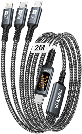 100W Câble USB C vers Multi USB [2M] 3 en1 Câble Universel vec écran LED Charge Rapide Chargeur avec Micro Type C Lightning Multi Connecteur pour Samsung;Macbook Pro/Air;iPad Pro;iPhone;Huawei