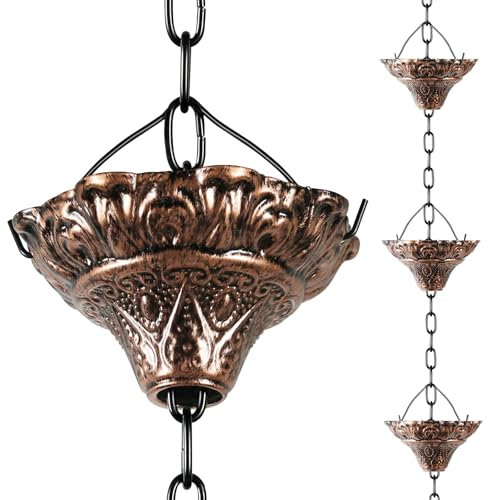 HANAYARD Rain Chain Gutter Downspout Antique Copper Rain Chains for Gutters with 12 Cups, Adjustable Rain Catcher Chain with Bell for Outside Water Diverter Decorative Garden Rain Chimes, 8.5 Ft