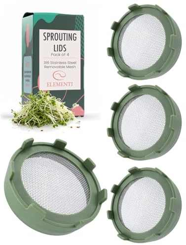 Elementi Sprouting Lids for Wide Mouth Mason Jars (Set of 4), Sprouting Jar Kit for Organic Alfalfa & Mung Bean Sprouts Growing Kit, 316 Stainless Steel Mesh Screen Strainer Lid (Sage Green)