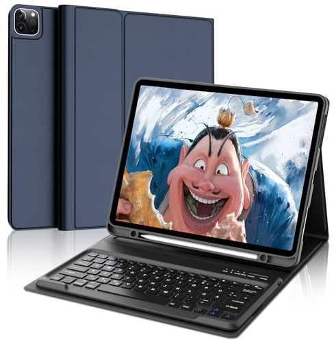 Hülle mit Tastatur für iPad Pro 12.9 Zoll (6. / 5. / 4. / 3. Generation), Deutsches QWERTZ Layout, Magnetisch Abnehmbarer abellos Bluetooth Tastatur für iPad 12,9 2022/2021/2020/2018, Dunkelblau
