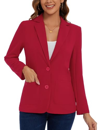 Kyzoeyou Blazer casual para mujer, chaqueta de 2 botones, solapa con muescas, clásica, manga larga, ropa de trabajo, traje de trabajo, bolsillos frontales forrados, R-rojo, XL