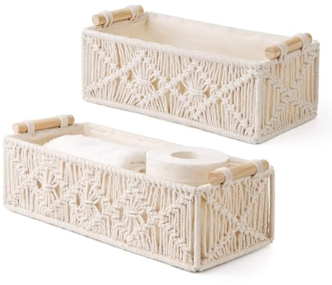 Lot de 2 Tissés Paniers de Rangement Boho, Décoration, Corbeille Tressé Rectangulaire pour Salon, Entrée et Salle de Bain