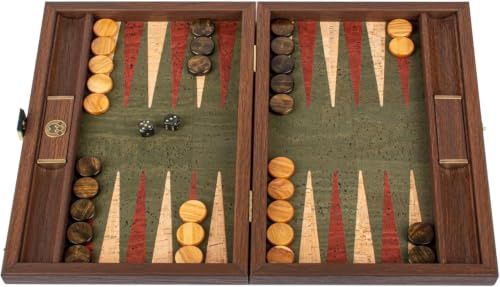Luxury Manopoulos - Juego de backgammon de corcho verde natural, cuadros de madera de olivo, juego premium hecho a mano en Grecia por expertos (30 x 17 cm cerrado), adultos mayores de 14 años