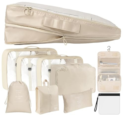 9 Teilige Koffer Organizer Set mit Kompression, Packing Cubes Beige mit Flüssigkeiten Taschen, Packwürfel Set Reise Organizer für Koffer, Reise Kleidertaschen Verpackungswürfel mit Kosmetiktasche