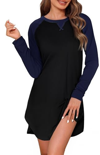 Uniexcosm Chemise de Nuit Femme Manches Longues Coton Doux, Robe de Nuit Confortable, Col Rond, Style Décontracté pour la Maison Noir M