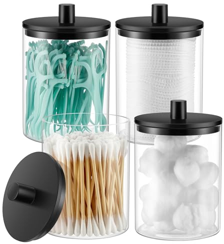 TIPGO Glass Qtip Holder Dispenser - 10 oz Clear Canister Apothecary Jar, Bathroom Vanity Storage Organizer Set for Cotton Swabs, Pads, Floss Picks, Small Containers for Makeup Storage (4 Pack, Black)