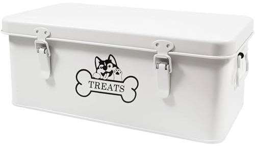 ZoeQide Récipient en métal pour chien - 8,5 l - Hermétique avec couvercles et compartiments de séparation - Blanc - Rangement de friandises avec serrure pour nourriture sèche, boîte à goûter, étagère