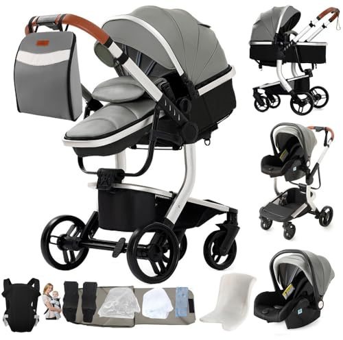 Cochecito 3 en 1, de 0 a 4 años, plegable, compacto y reclinable, con asiento de coche convertible, accesorios: incluye bolso de mamá y portabebés (Gris)