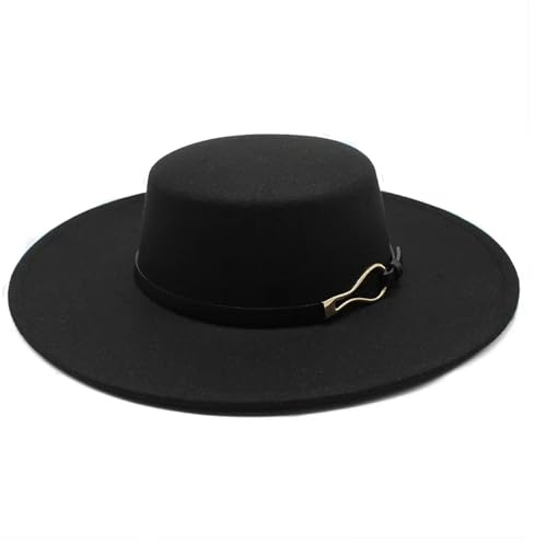 YHTNZN Solid Color Wool Felt Fedoras Jazz Cap Winter Warm 10CM Wide Brim Flat Top Hats For Dress Up Cosplay Party Accessories(Black 01)
