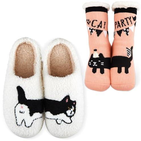 Geyoga Pantuflas de Peluche y Calcetines con Motivo de Gato para Mujer Hombre Zapatillas de Invierno Cálidas Acogedoras(40-41)
