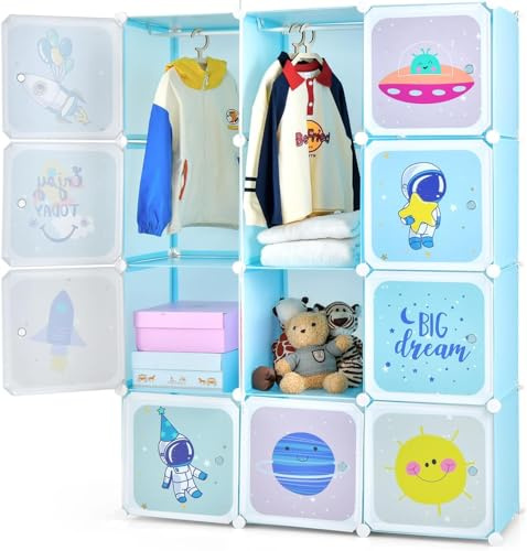 GOPLUS Armario Modular Infantil de 12 Cubos Plásticos 36×36 cm, Mueble de Almacenaje Juguetes con Barra de Suspensión, Armario Cubo Oragnizador para Ropa Zapatos Libros, 107 x 36 x 142 cm (Azul)