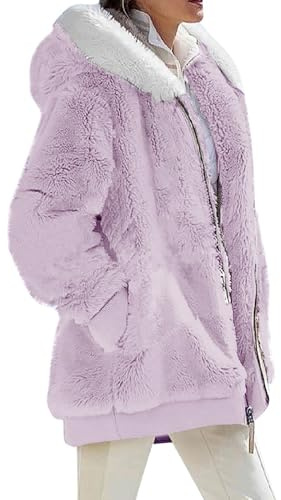 Veste Femme Chic Et Elegant Mi Saison,Sweat Polaire Femme Chaude Zippée Veste À Capuche Manteau Cardigan Teddy D'Hiver Grande Taille Manche Longue Hiver Sherpa Blouson(Mauve,L)