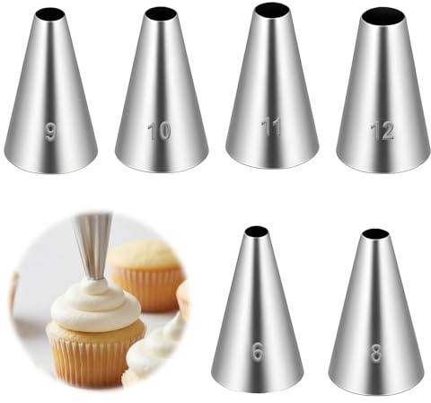 cobee Set di 6 beccucci rotondi per decorare torte, boquillas para reposteriori, in acciaio inox, per glassare sacchetti di crema da forno, biscotti, ciambelle (6-8-9-10-11-12)