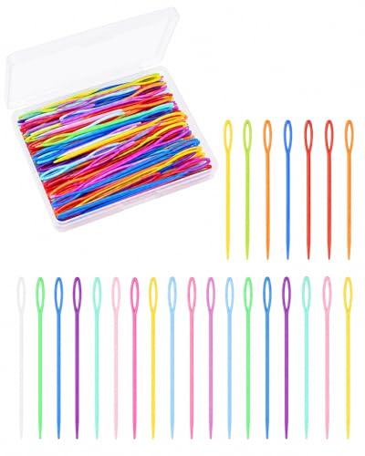 TISCH Agujas de Coser de Plástico, 100 Piezas (50x 5.5cm, 50x 7cm) Sin Punta, Ojo Grande, Colores Surtidos. Ideal para Niños y Principiantes, Tejer, Bordar y Manualidades Seguras.