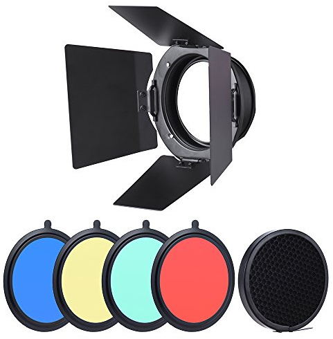 Andoer 96mm Universal Mount Metal Bardoor Barn Door Barndoor with Honeycomb Grid 4pcs Color Gel Filters for Neewer Godox 180W 250W 300W Andoer MD-250 MD-300 Studio Strobe Flash Light Monolight