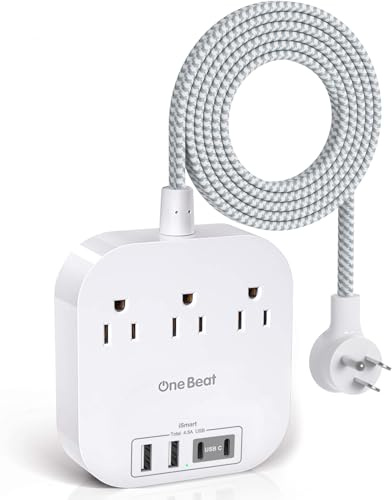 One Beat Power Strip with USB C, 3 Outlets 4 USB Ports (22.5W/4.5A) Desktop Charging Station, Flat Plug, 5ft Braided Extension Cord, Non Surge Protector for Travel, Cruise Ship, ETL Listed