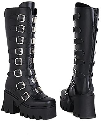 JIFAENY Bottes de plate-forme goth punk féminine gothique chunky dans la moto mi-mollet combat knee zipper bottes-Mat,4.5