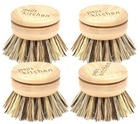 Joejis Spülbürste Holz Harte Borsten Set aus 4 Ersatzköpfe für Spülbürsten mit Sisalfaserborsten - Geschirrbürste zum Spülen von Tellern, Herdplatten, Badewannen & mehr