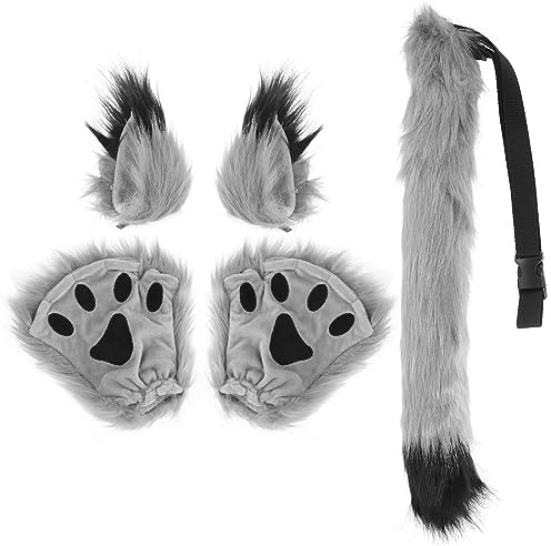 HonGien Set per Cosplay, Orecchie di Volpe e Lupo, Clip per Capelli e Coda in Pelliccia Sintetica, Guanti in Peluche, per Adulti, Halloween, Festa di Natale(grigio)