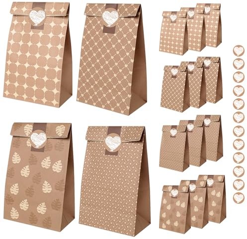 Romon Papiertüten Braun, 12 Stück Geschenktüten mit 12 Aufklebern für Weihnachtsgeschenke, Obsttüten, Brottüten, Geburtstagstüten, Hochzeitstüten