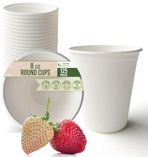 Verde Planet - 8 Oz Bagasse Disposable Cups - Tree-Free Sugarcane Fiber Drinking Cups - Ecofriendly, Sturdy, White Small Sample Cups - Compostable Coffee Cups for Hot & Cold Liquids - White, 100 Count
